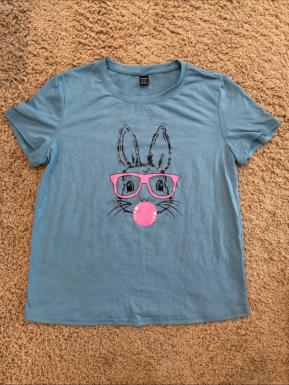 Blue Bunny Graphic Tee with Pink Accent